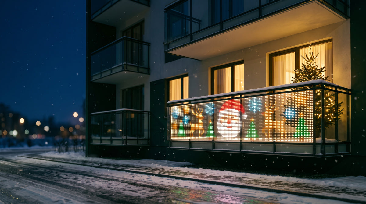Balcony lit up by the La Nocte animated Christmas light curtain