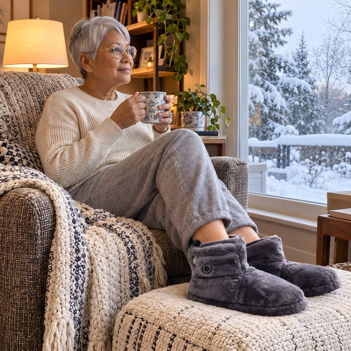 Customer relaxing by a snowy window in La Nocte heated slipper boots