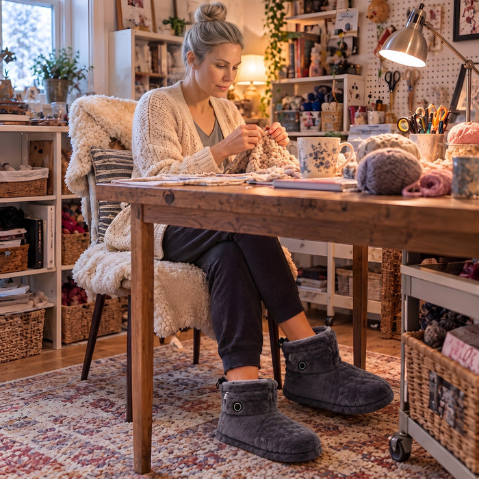 Knitting at a craft table in La Nocte heated slipper boots