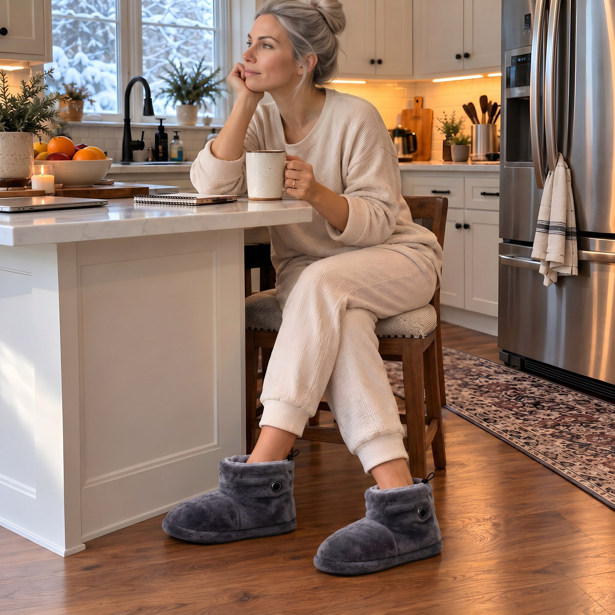 Cozy winter morning in La Nocte heated slipper boots