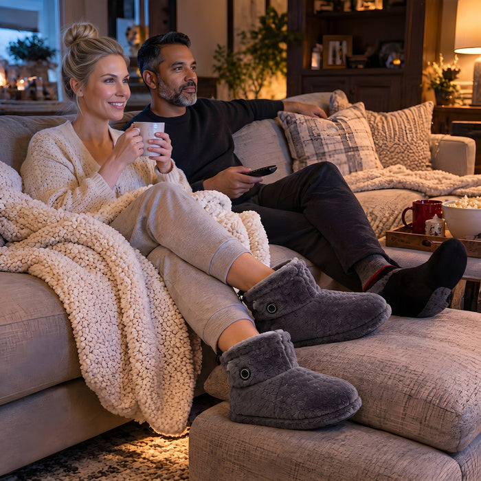 Couple relaxing on the sofa in the evening, feet warm in La Nocte heated slipper boots