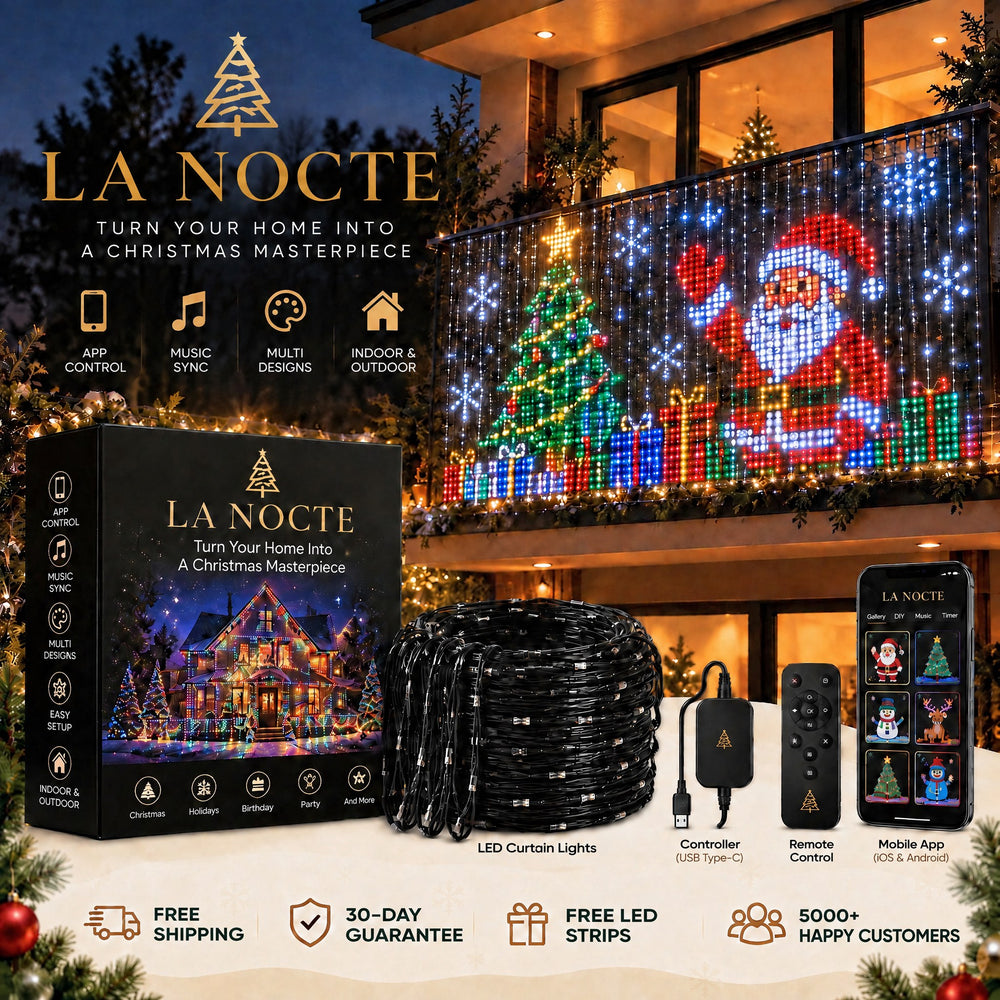 La Nocte animated LED curtain lights on a balcony, with the box, controller, remote and mobile app