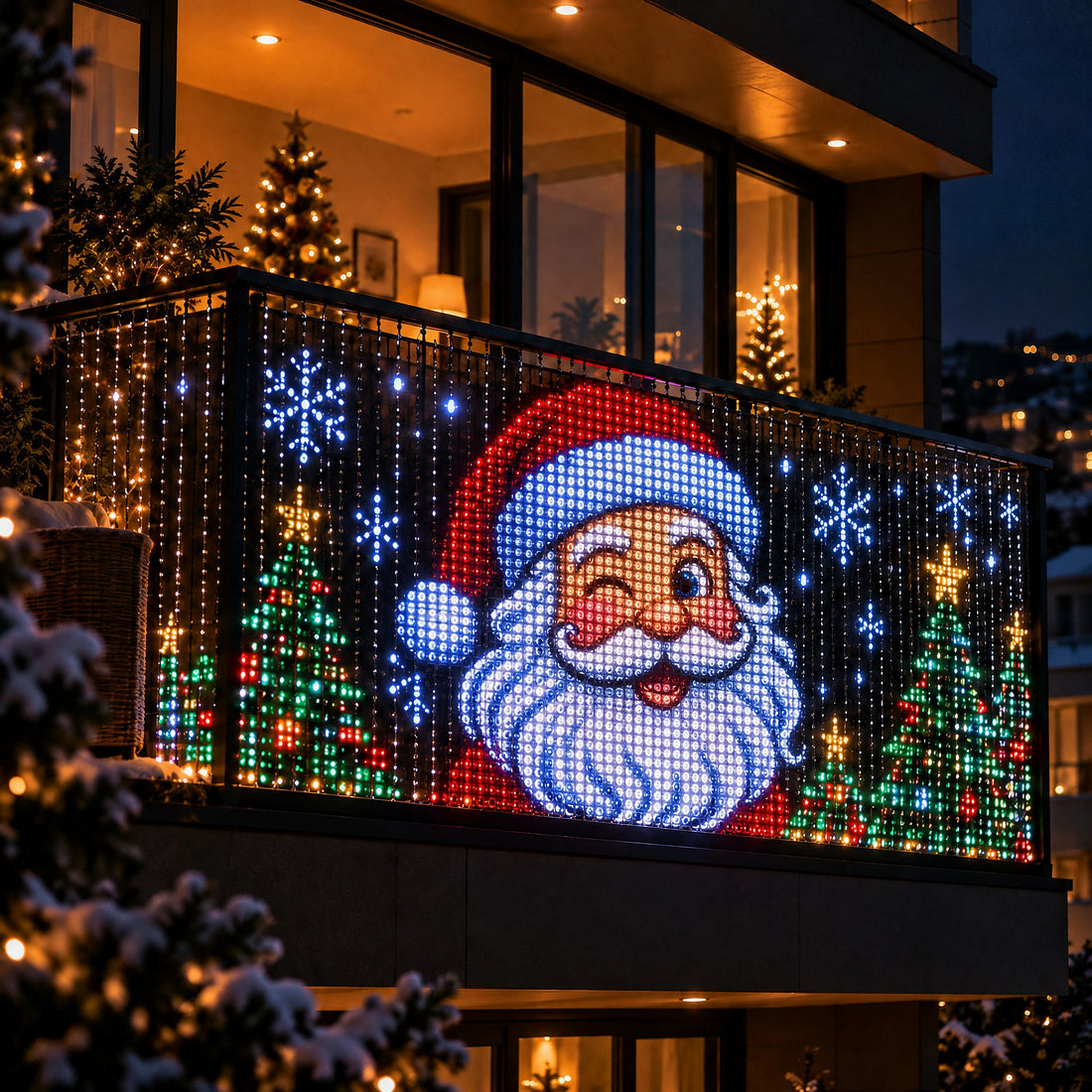 Giant animated Santa on a balcony at night, made by La Nocte LED curtain lights