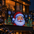 Giant animated Santa on a balcony at night, made by La Nocte LED curtain lights