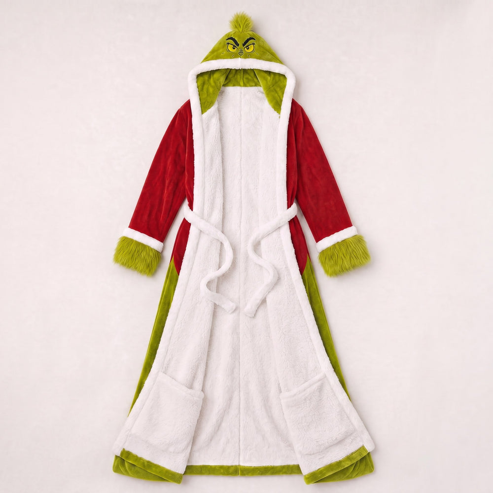 La Nocte heated robe in red and green with hood, front view