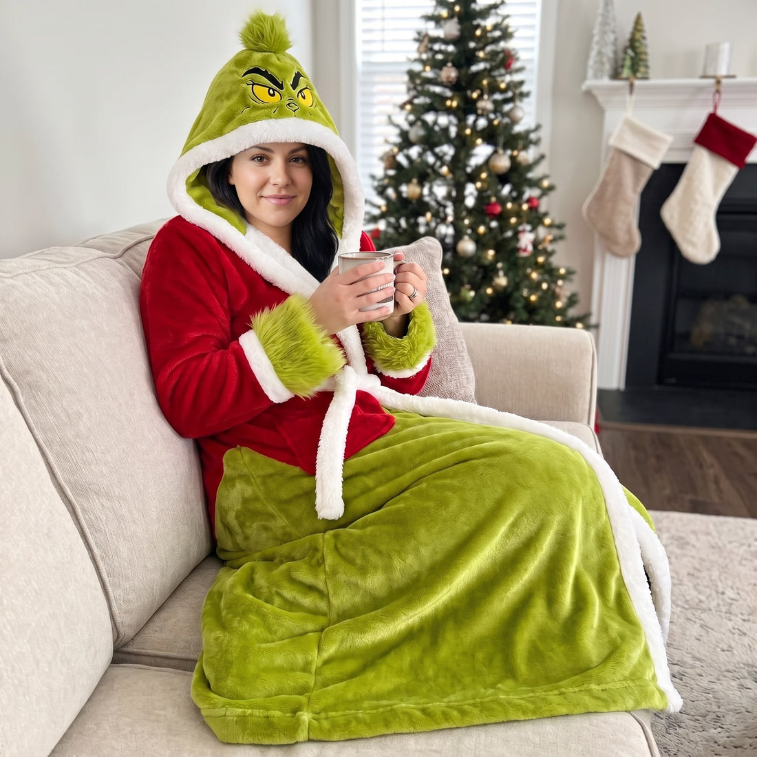 Woman wrapped in the La Nocte heated robe on the sofa with a mug