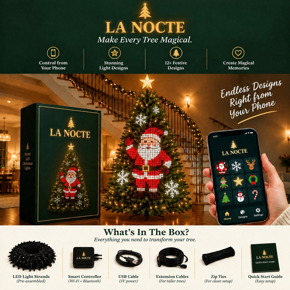 La Nocte smart animated Christmas tree lights: LED strands, controller, USB cable, extension cables and zip ties in the box