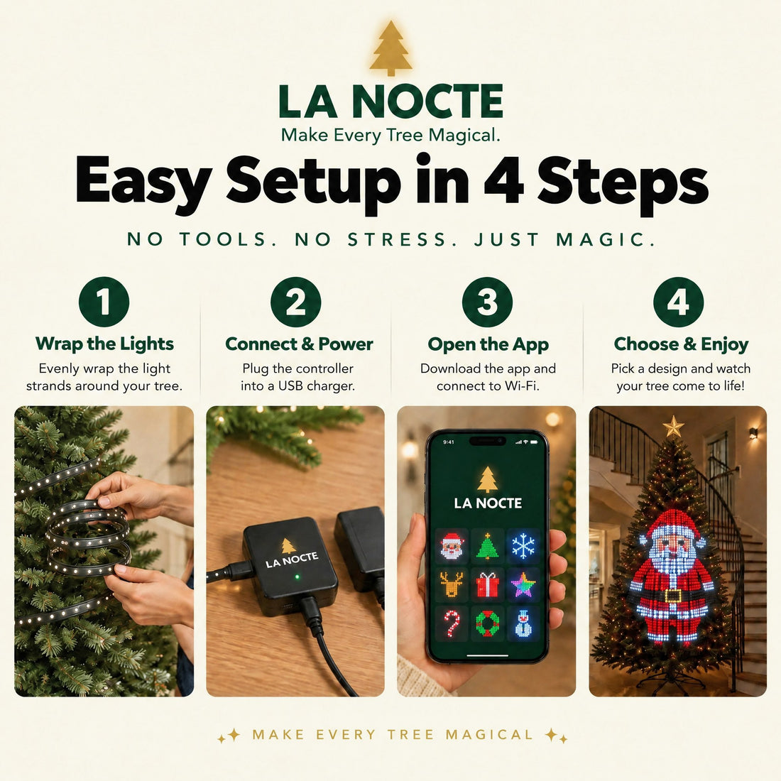 Easy setup of La Nocte Christmas tree lights in 4 steps