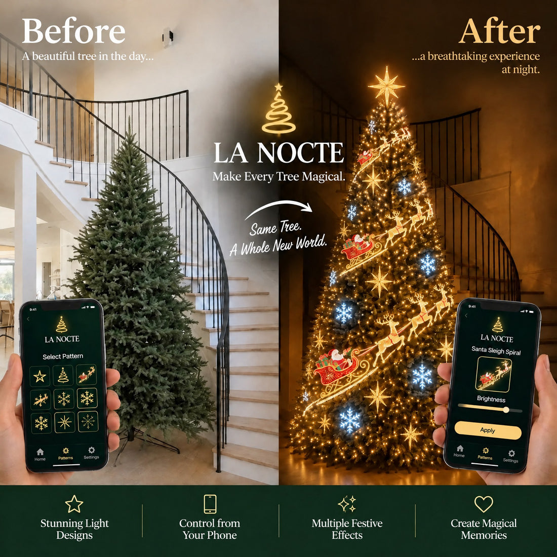 Christmas tree before and after La Nocte animated lights